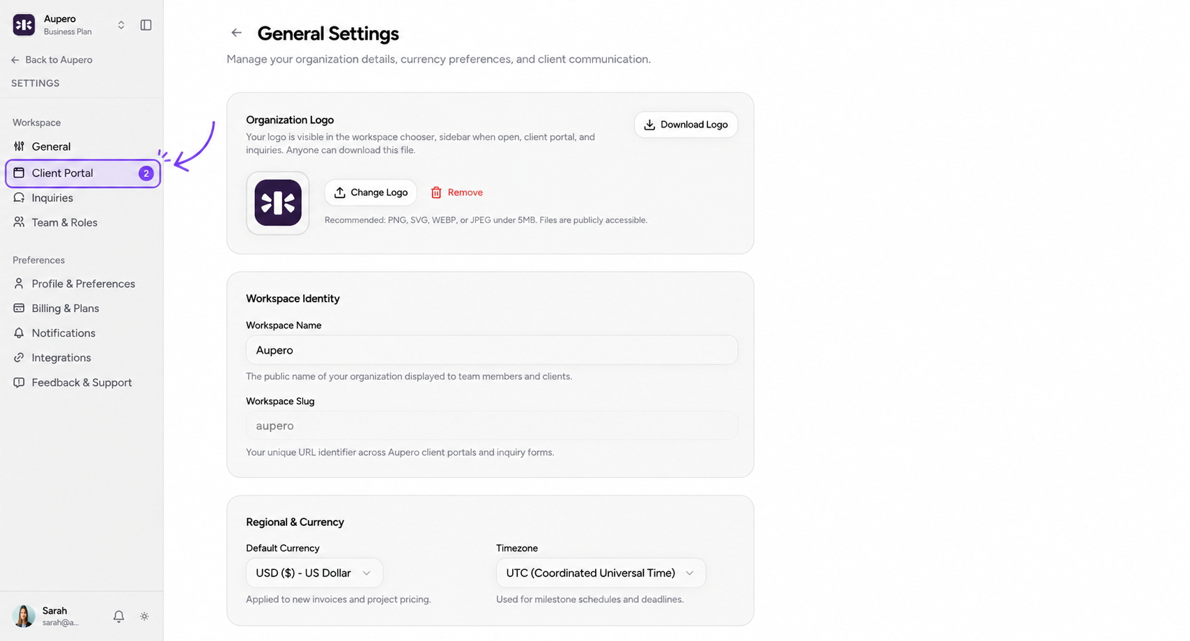 Open client portal settings